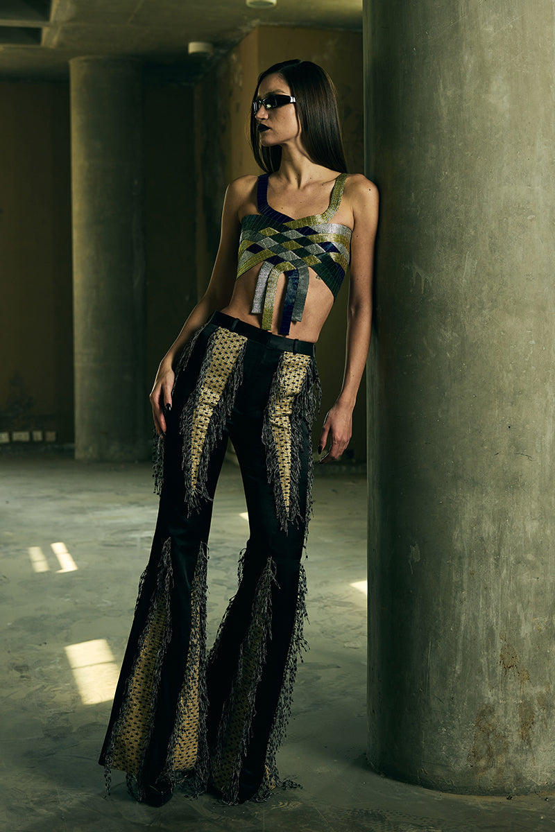 AKHL sculpted interwoven bustier top featuring a fitted design with intricate woven details and structured styling.