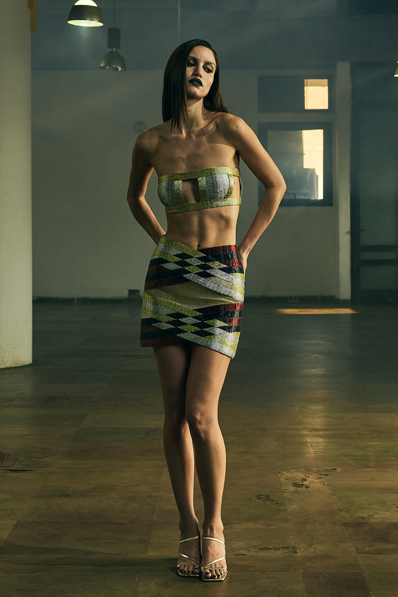 Metallic structured bralette from AKHL, featuring a shiny, textured design perfect for trendy tops or casual wear.