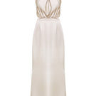 Elegant champagne halter neck evening dress from UNDRESS, featuring a flowing maxi dress design perfect for formal occasions.