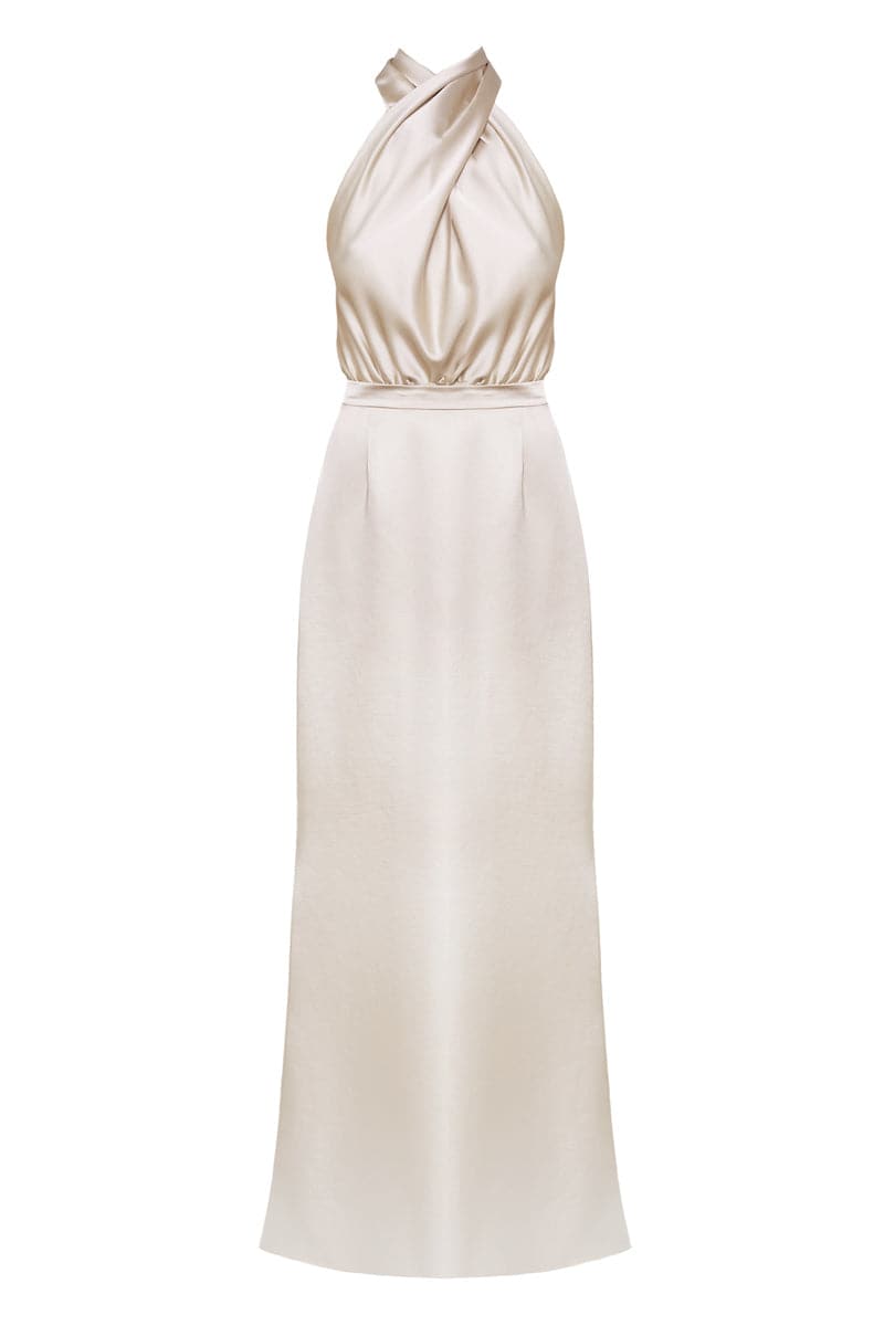 ALIUR CHAMPAGNE HALTER NECK EVENING DRESS - CULT MIA