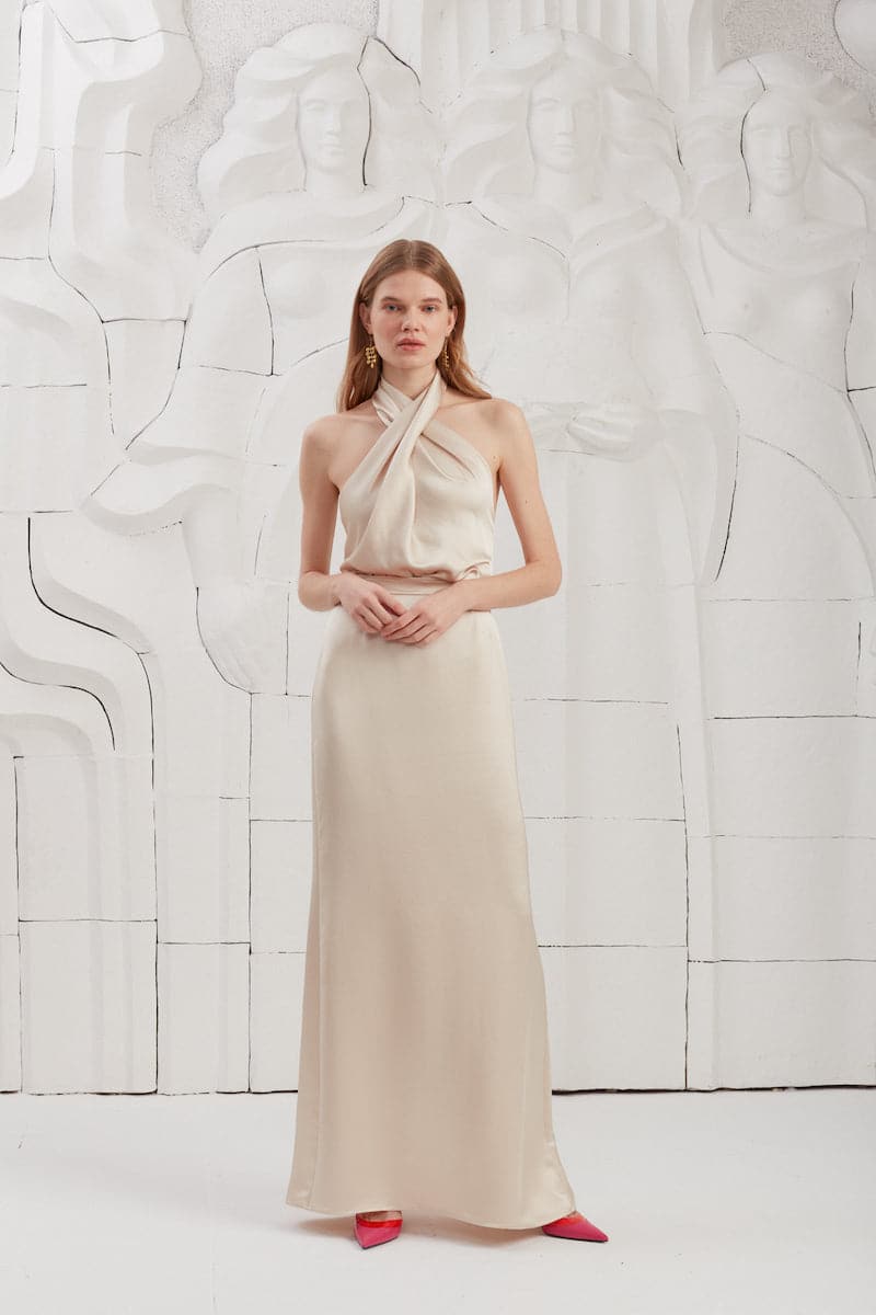 ALIUR CHAMPAGNE HALTER NECK EVENING DRESS - CULT MIA