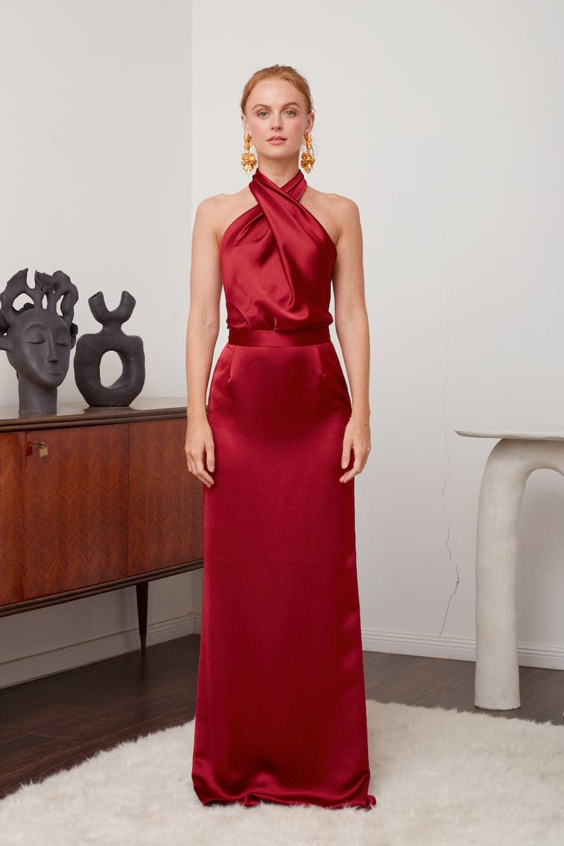 ALIUR DEEP RED HALTER NECK EVENING DRESS | CULT MIA | UNDRESS ALIUR DEEP RED HALTER NECK EVENING DRESS | CULT MIA | UNDRESS
