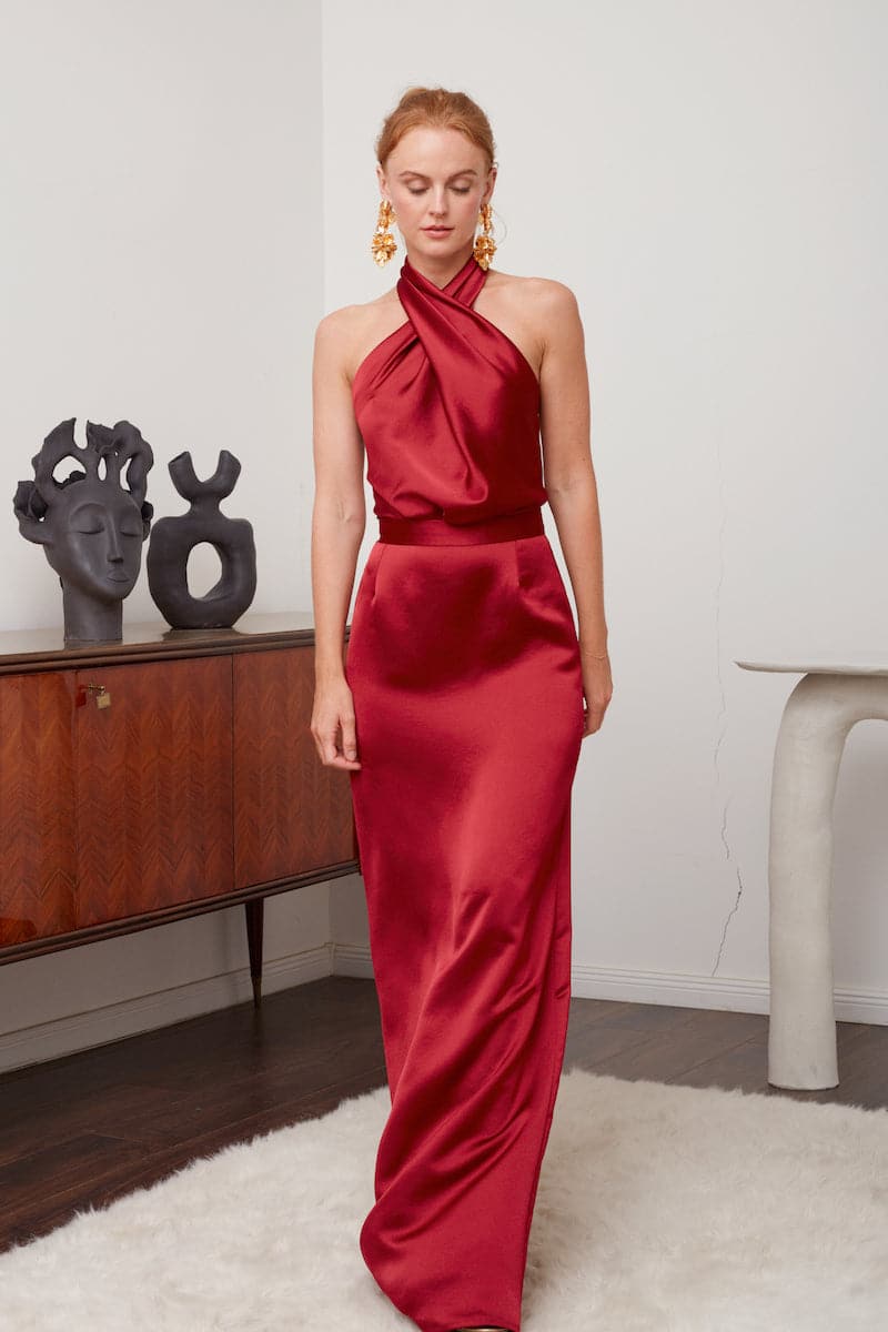 ALIUR DEEP RED HALTER NECK EVENING DRESS - CULT MIA