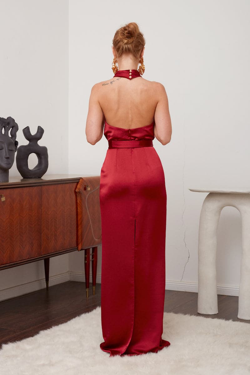 ALIUR DEEP RED HALTER NECK EVENING DRESS | CULT MIA | UNDRESS ALIUR DEEP RED HALTER NECK EVENING DRESS | CULT MIA | UNDRESS