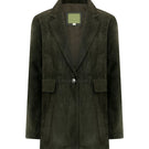 ZUT Madalena suede blazer in earthy brown, tailored jacket with lapels and button closure, styled on a model.