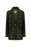 ZUT Madalena suede blazer in earthy brown, tailored jacket with lapels and button closure, styled on a model.
