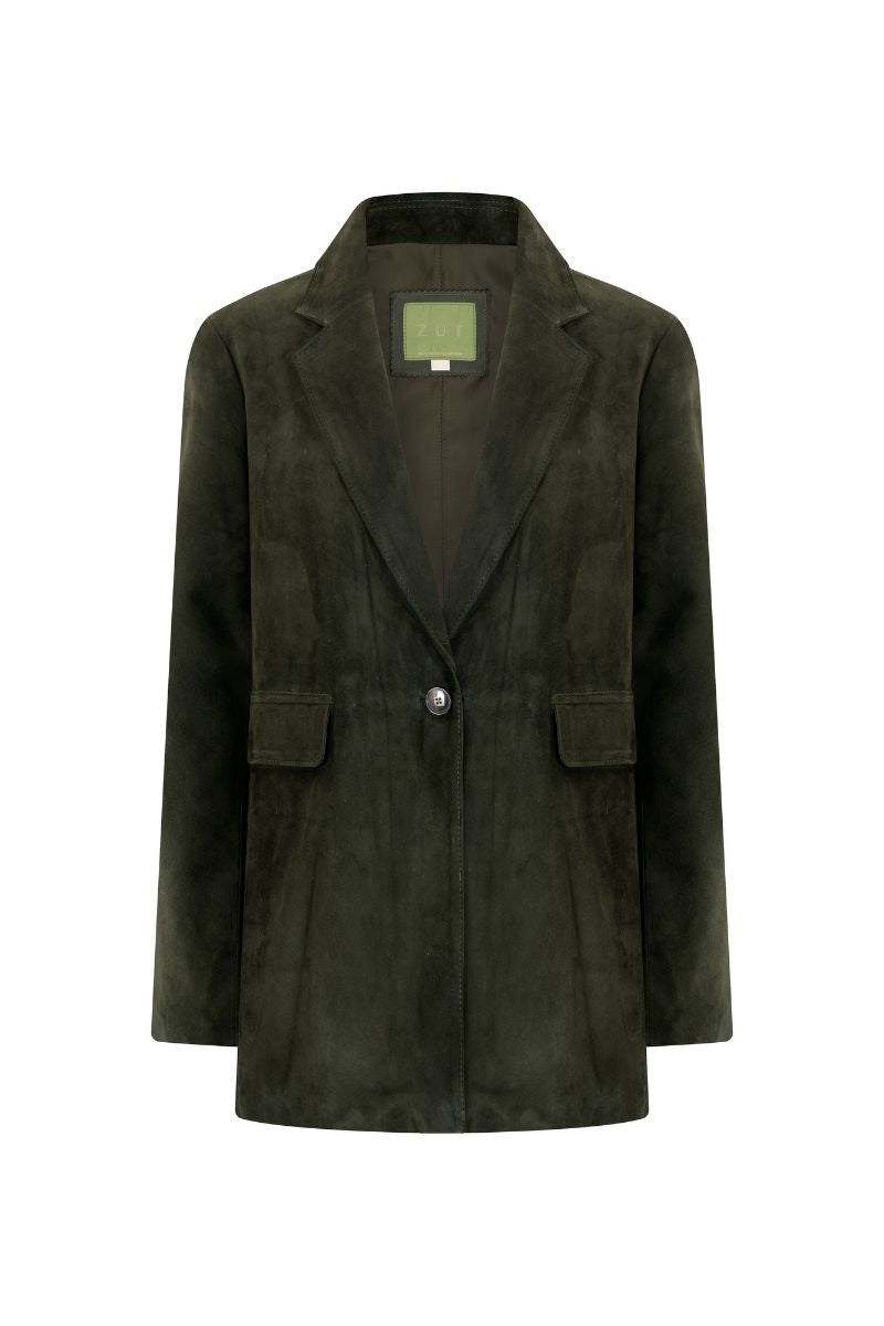 ZUT Madalena suede blazer in earthy brown, tailored jacket with lapels and button closure, styled on a model.