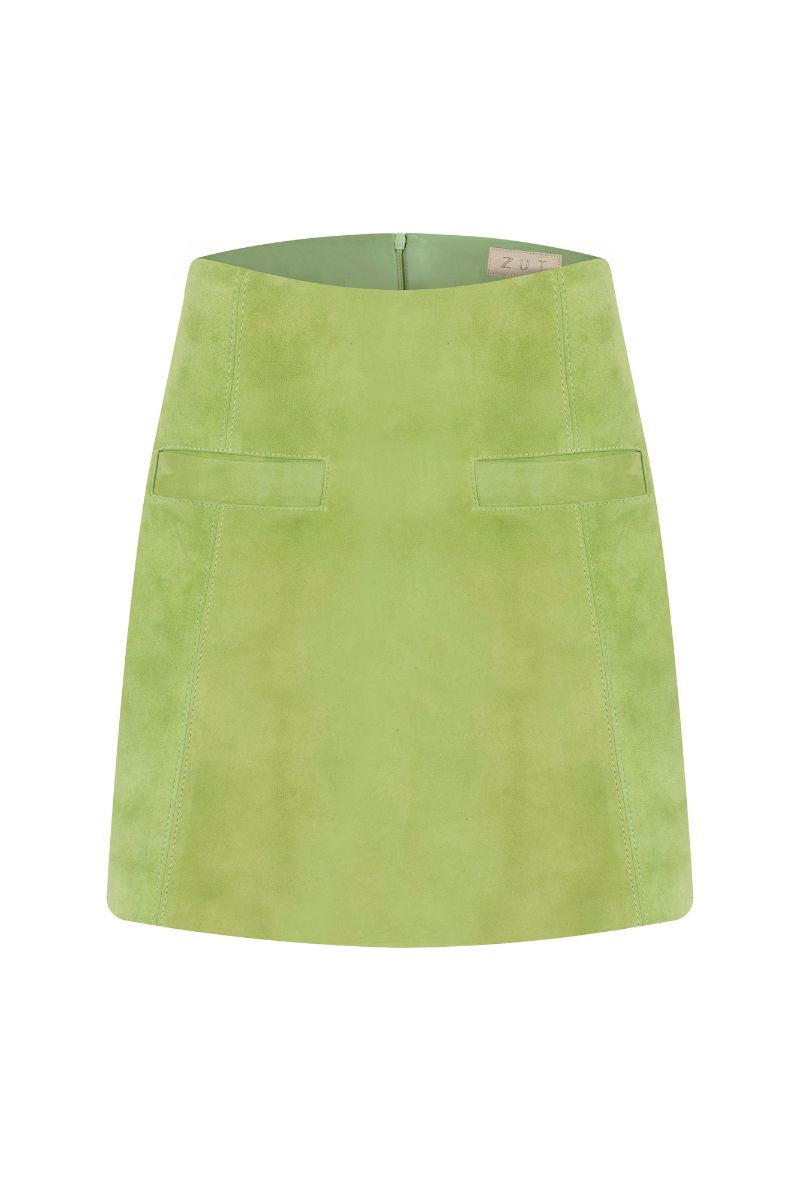 Green MINI PARIA SKIRT by ZUT, featuring a stylish mini skirt with a fitted design and vibrant color, shown on a model.