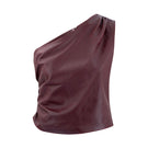 ZUT Laurel leather top featuring a fitted design with a V-neck and long sleeves, shown in a rich dark brown color.