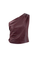 ZUT Laurel leather top featuring a fitted design with a V-neck and long sleeves, shown in a rich dark brown color.
