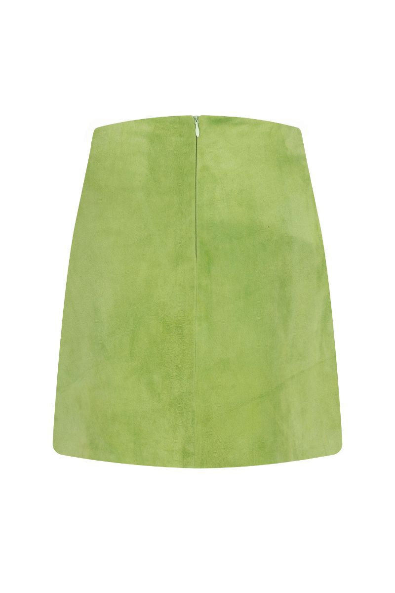 Green ZUT Mini Paria Skirt shown on a hanger, close-up of the stylish mini skirt with a fitted silhouette.