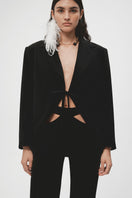 Black JC Pajares Maxi Blazer with tailored fit, featuring classic lapels and structured design.