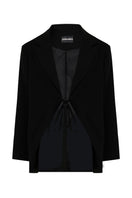 Black JC Pajares Maxi Blazer shown on a hanger, featuring a tailored fit, lapel collar, and long sleeves, ideal for formal or business wear.