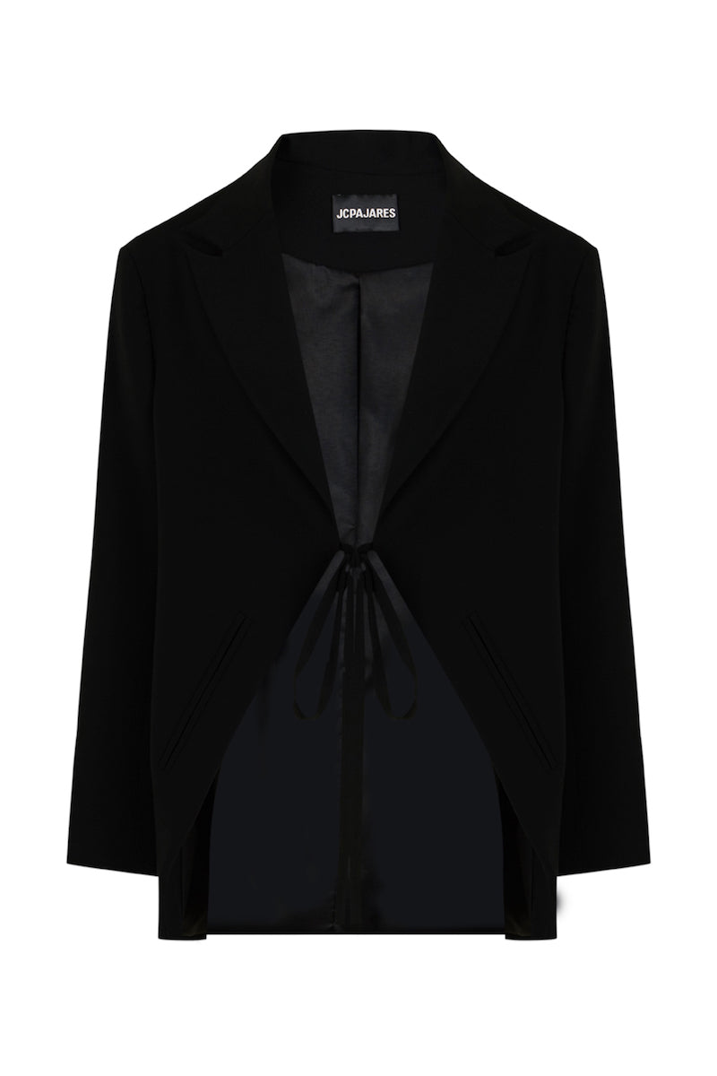 Black JC Pajares Maxi Blazer shown on a hanger, featuring a tailored fit, lapel collar, and long sleeves, ideal for formal or business wear.