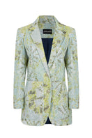 Multicolor tie-dye oversized sequin blazer by JC Pajares, featuring vibrant patterns and shimmering details on a stylish blazer.