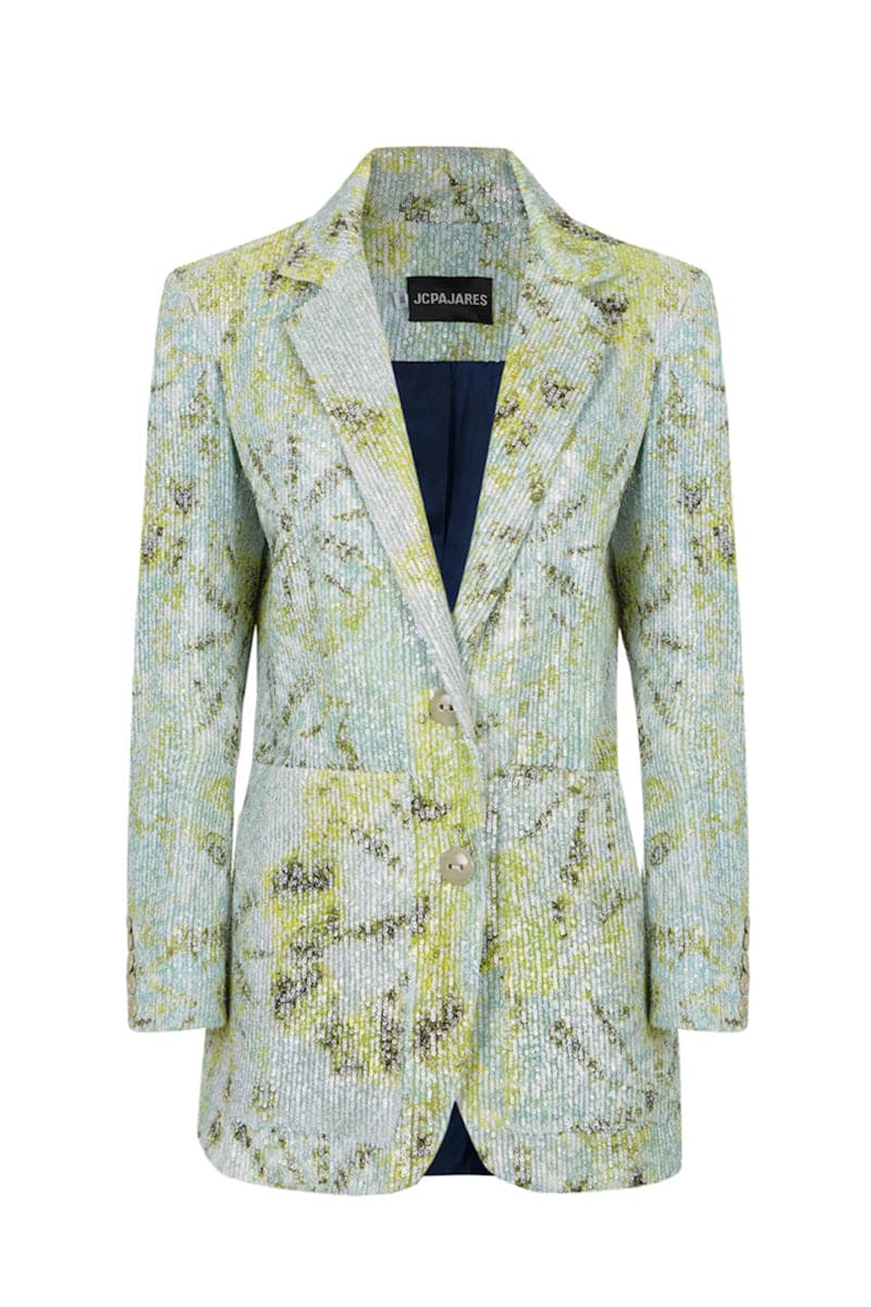 Multicolor tie-dye oversized sequin blazer by JC Pajares, featuring vibrant patterns and shimmering details on a stylish blazer.