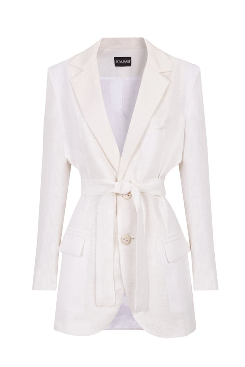 White organic linen cut-out blazer by JC Pajares, featuring a tailored fit and stylish design, shown on a model.