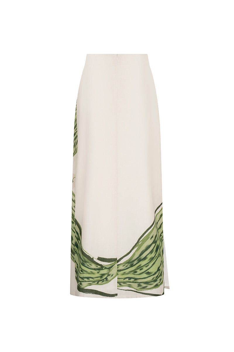 Green printed Amal Maxi Skirt by Tinta Latina, flowing fabric with vibrant floral pattern, stylish and comfortable for casual wear.
