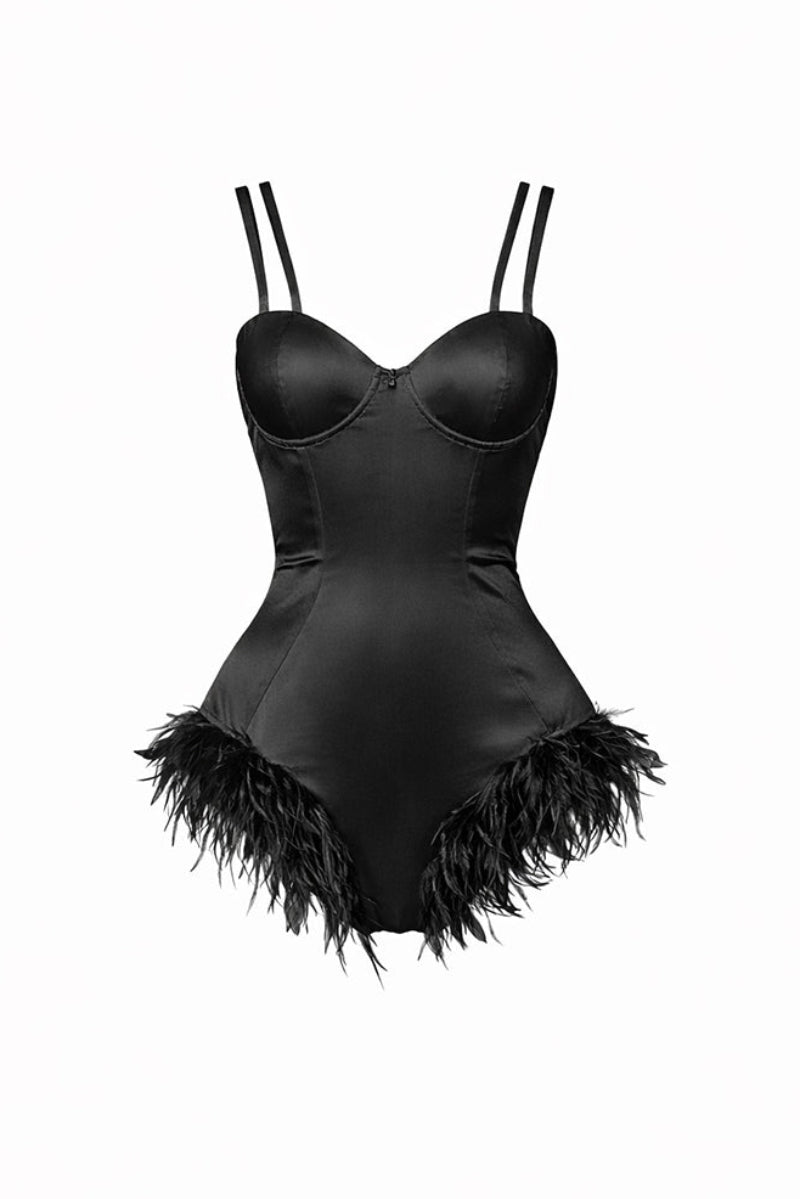 Black AMI BODY top by Junie, featuring a sleek, fitted design with feather detailing on the body.
