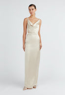 Undress beige satin backless maxi dress with flowing fabric and elegant design, perfect for formal occasions.