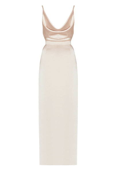 fitted lace wedding dress AMILA BEIGE SATIN BACKLESS MAXI DRESS | CULT MIA