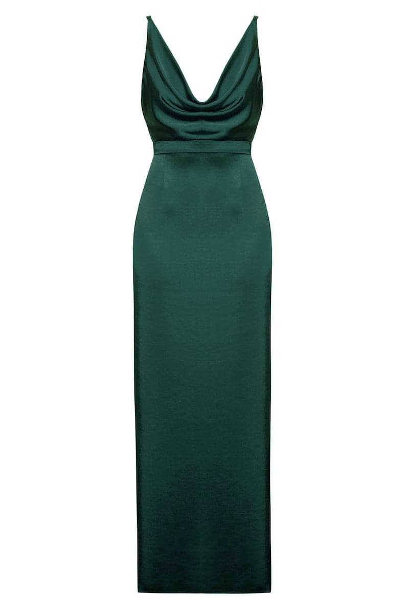 Undress Amila deep green backless maxi dress displayed on a model, featuring a flowing silhouette and open back design.