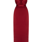 Deep red backless gown by UNDRESS, featuring a flowing design and elegant style, perfect for evening occasions.