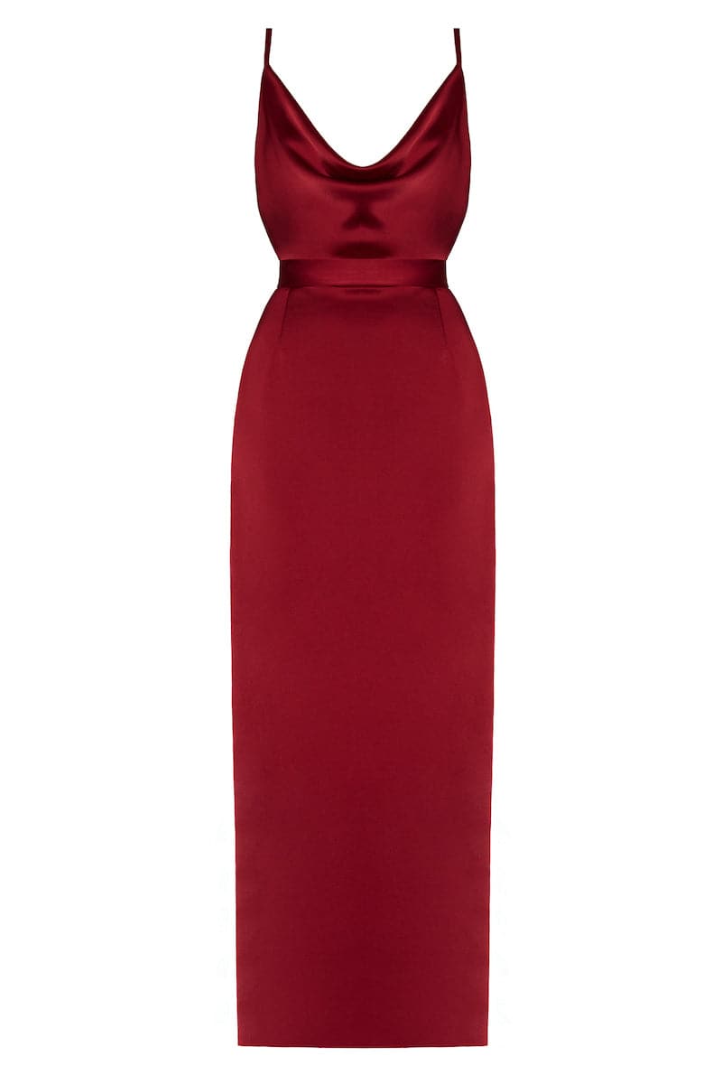 Deep red backless maxi dress by UNDRESS, flowing fabric, elegant design, perfect for evening wear, shown on a model.