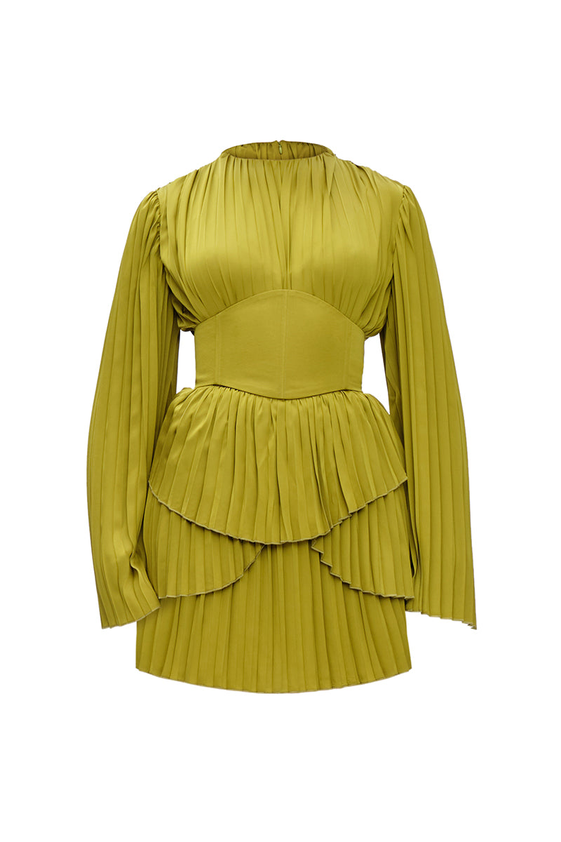 LENTI PLEATED MINI DRESS IN GREEN - CULT MIA