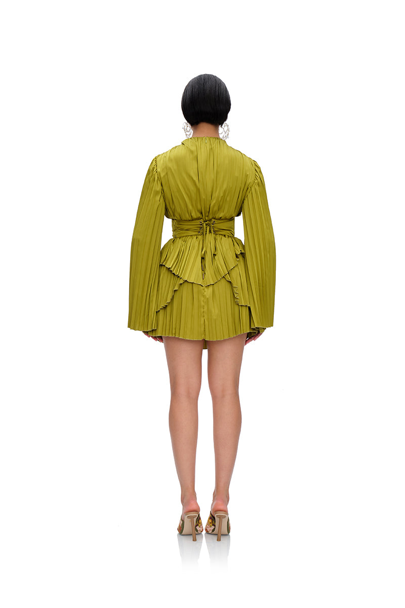 LENTI PLEATED MINI DRESS IN GREEN - CULT MIA
