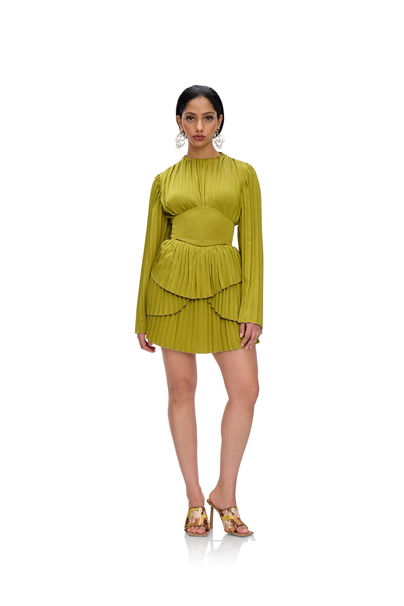 LENTI PLEATED MINI DRESS IN GREEN - CULT MIA