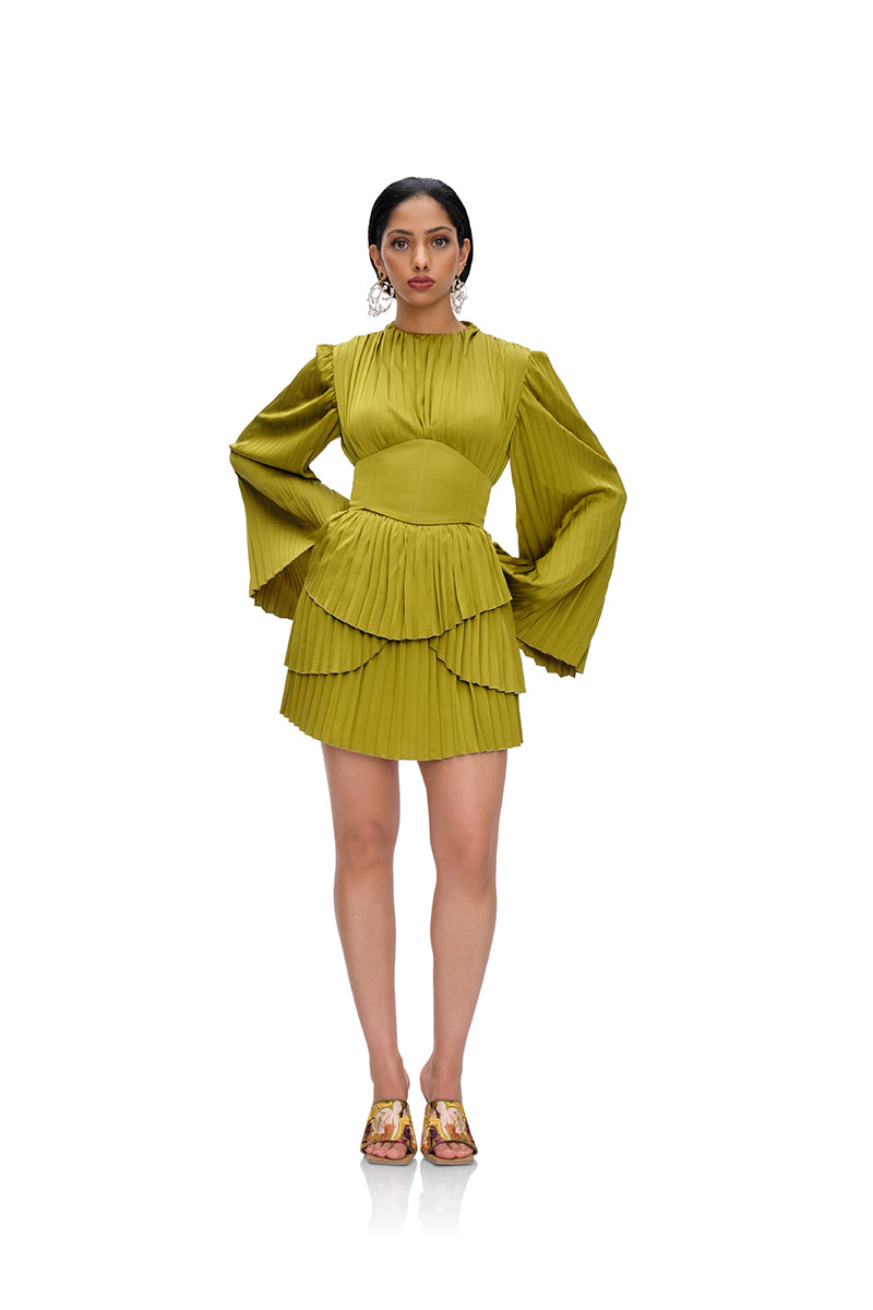 LENTI PLEATED MINI DRESS IN GREEN - CULT MIA