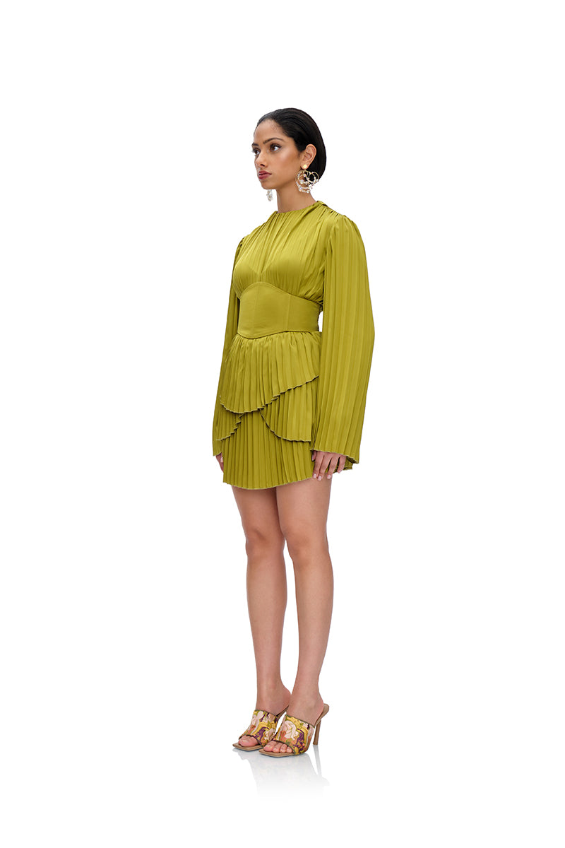 LENTI PLEATED MINI DRESS IN GREEN - CULT MIA