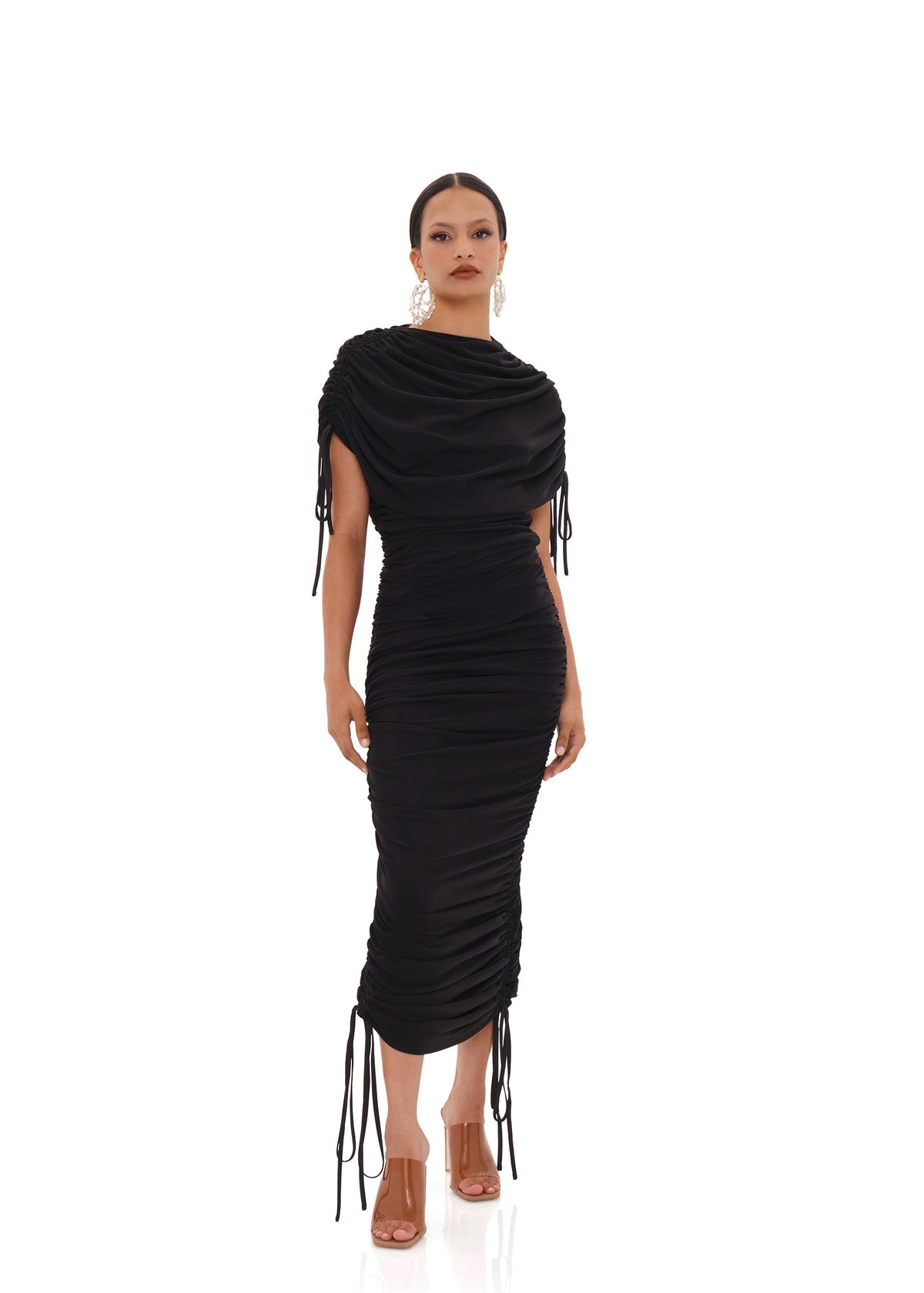 Black Ratu Mesh Dress by Andrea Iyamah, a stylish maxi dress with intricate mesh detailing, shown from the front.
