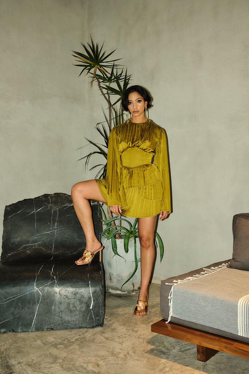 LENTI PLEATED MINI DRESS IN GREEN - CULT MIA