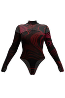 Andrea Iyamah Corda DK print mesh bodysuit, stylish tops with intricate mesh design and vibrant print, front view image.