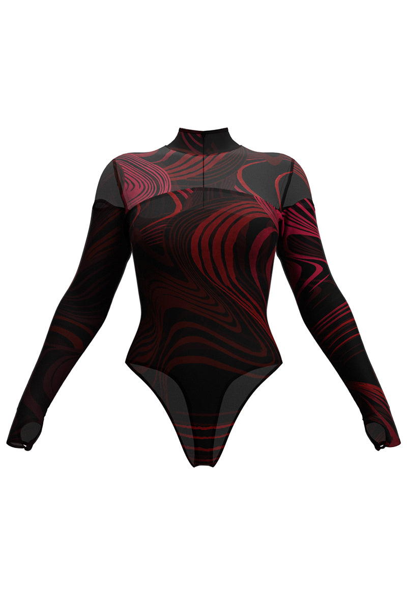 Andrea Iyamah Corda DK print mesh bodysuit, stylish tops with intricate mesh design and vibrant print, front view image.
