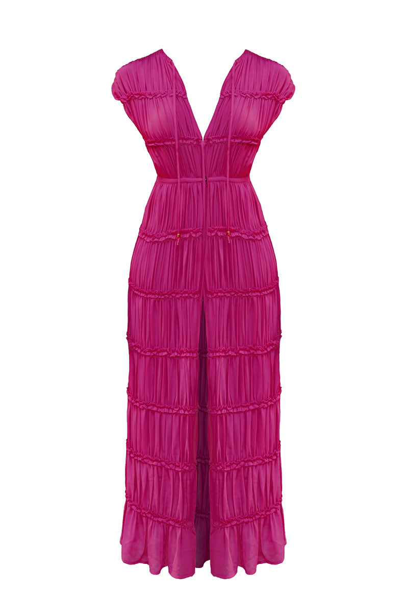 Magenta SINA TUNIC maxi dress by Andrea Iyamah, front view showing flowing fabric and stylish design.