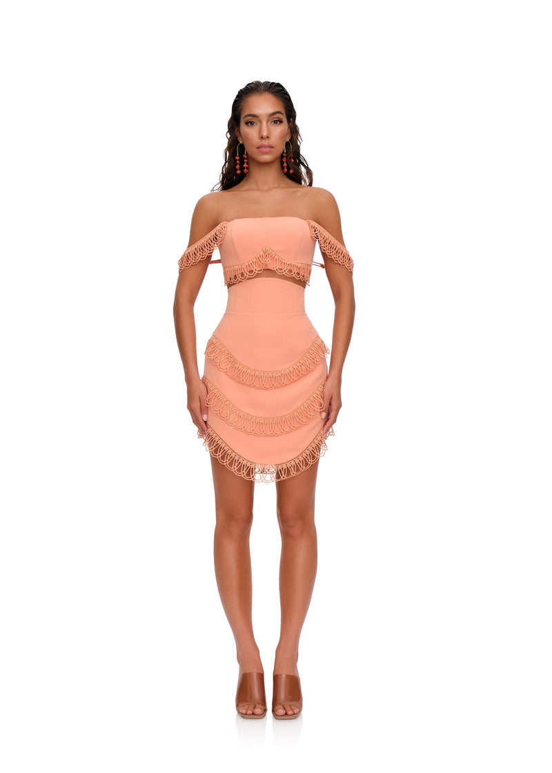 Andrea Iyamah RIZO Powder Peach Corset Mini Skirt, front view showcasing the stylish mini skirt with corset details and vibrant color.