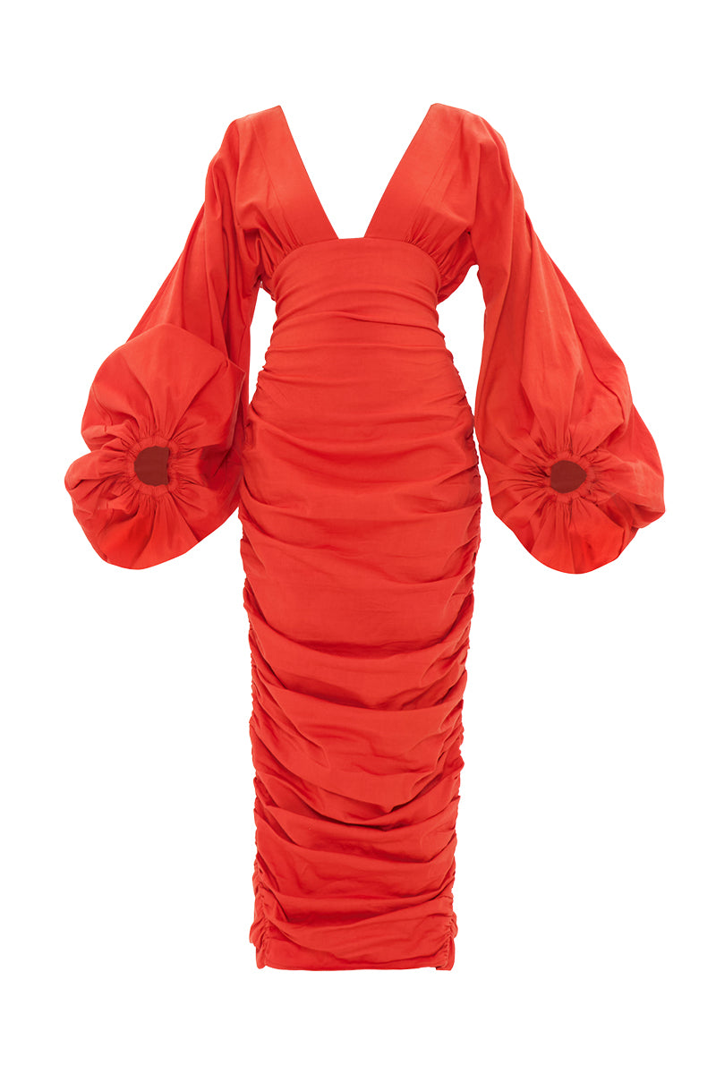 ANIDA MIDI COTTON DRESS IN RED CORAL - CULT MIA