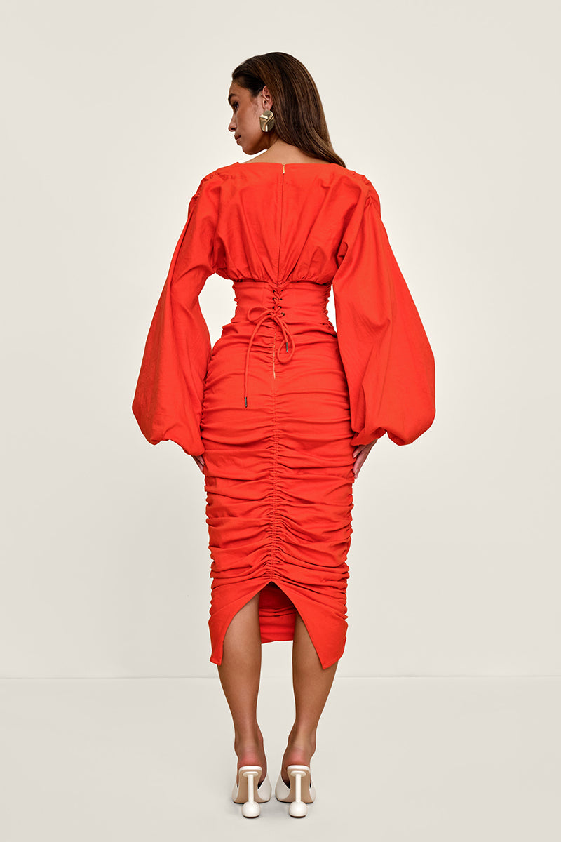 ANIDA MIDI COTTON DRESS IN RED CORAL - CULT MIA