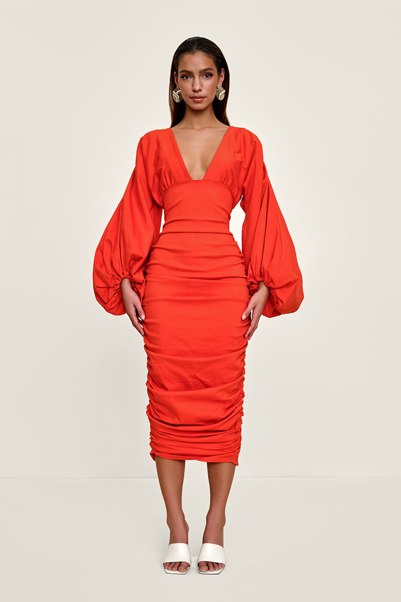 ANIDA MIDI COTTON DRESS IN RED CORAL - CULT MIA