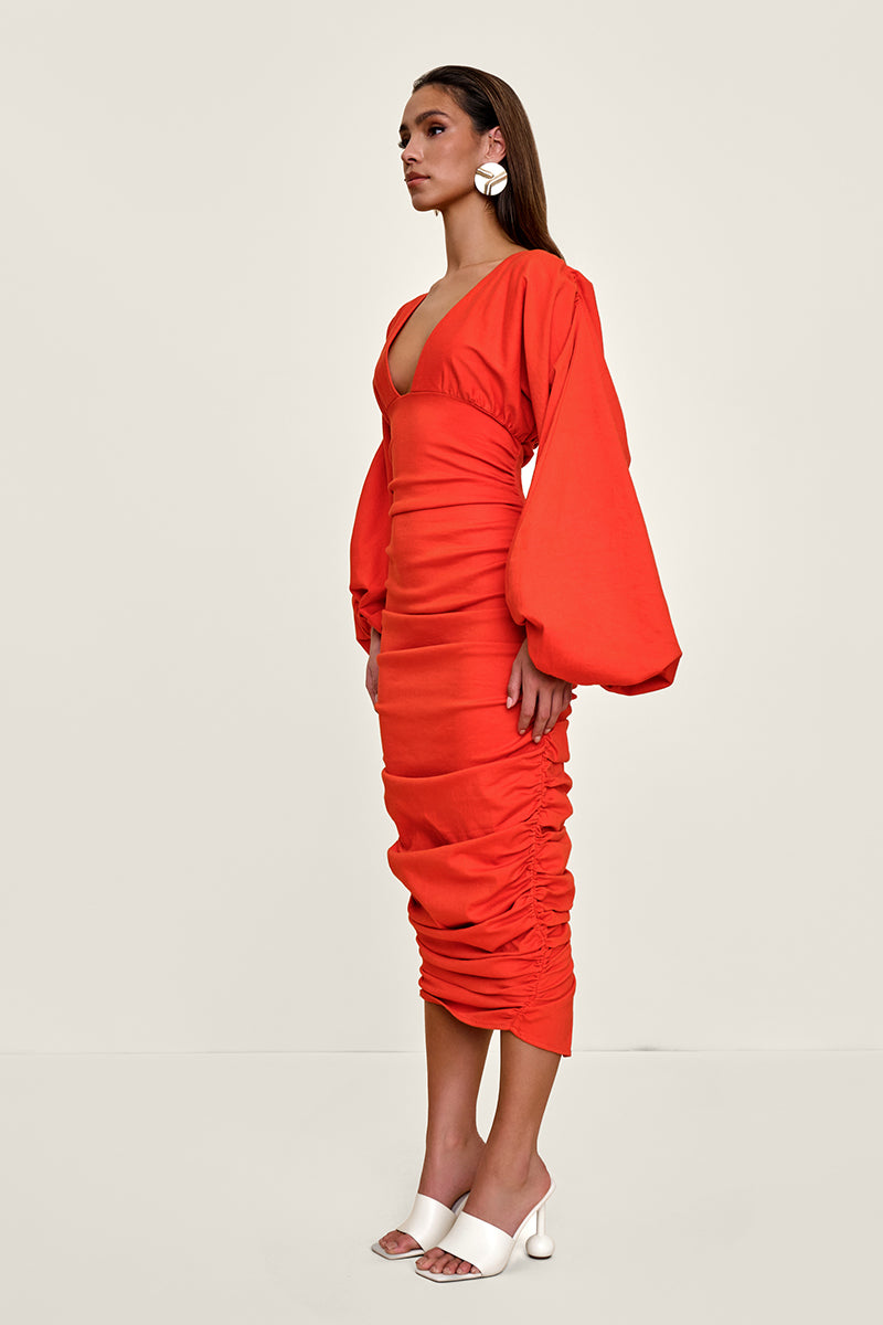 ANIDA MIDI COTTON DRESS IN RED CORAL - CULT MIA