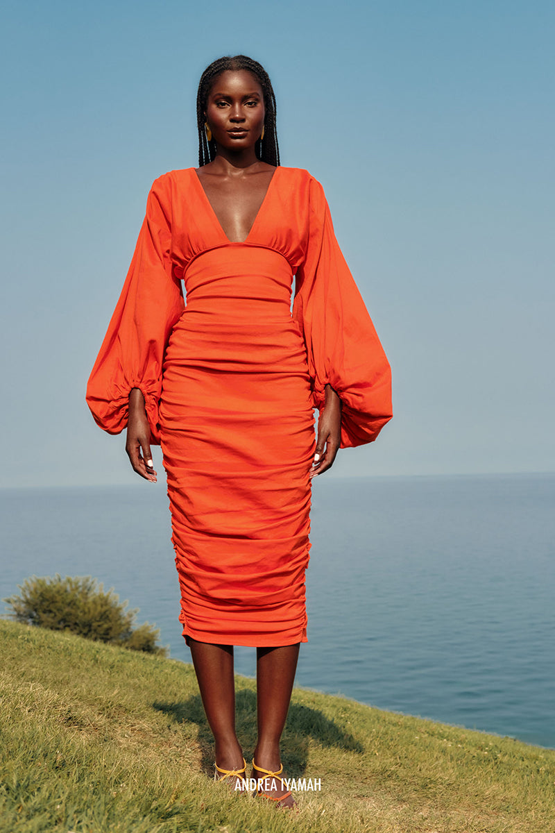 ANIDA MIDI COTTON DRESS IN RED CORAL - CULT MIA