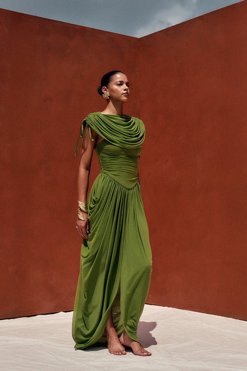 Andrea Iyamah KATU mesh maxi dress in bright olive, flowing fabric with intricate mesh detailing and a stylish, elegant design.