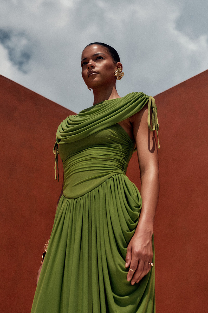 Bright olive KATU mesh maxi dress by Andrea Iyamah featuring flowing fabric and intricate mesh details.