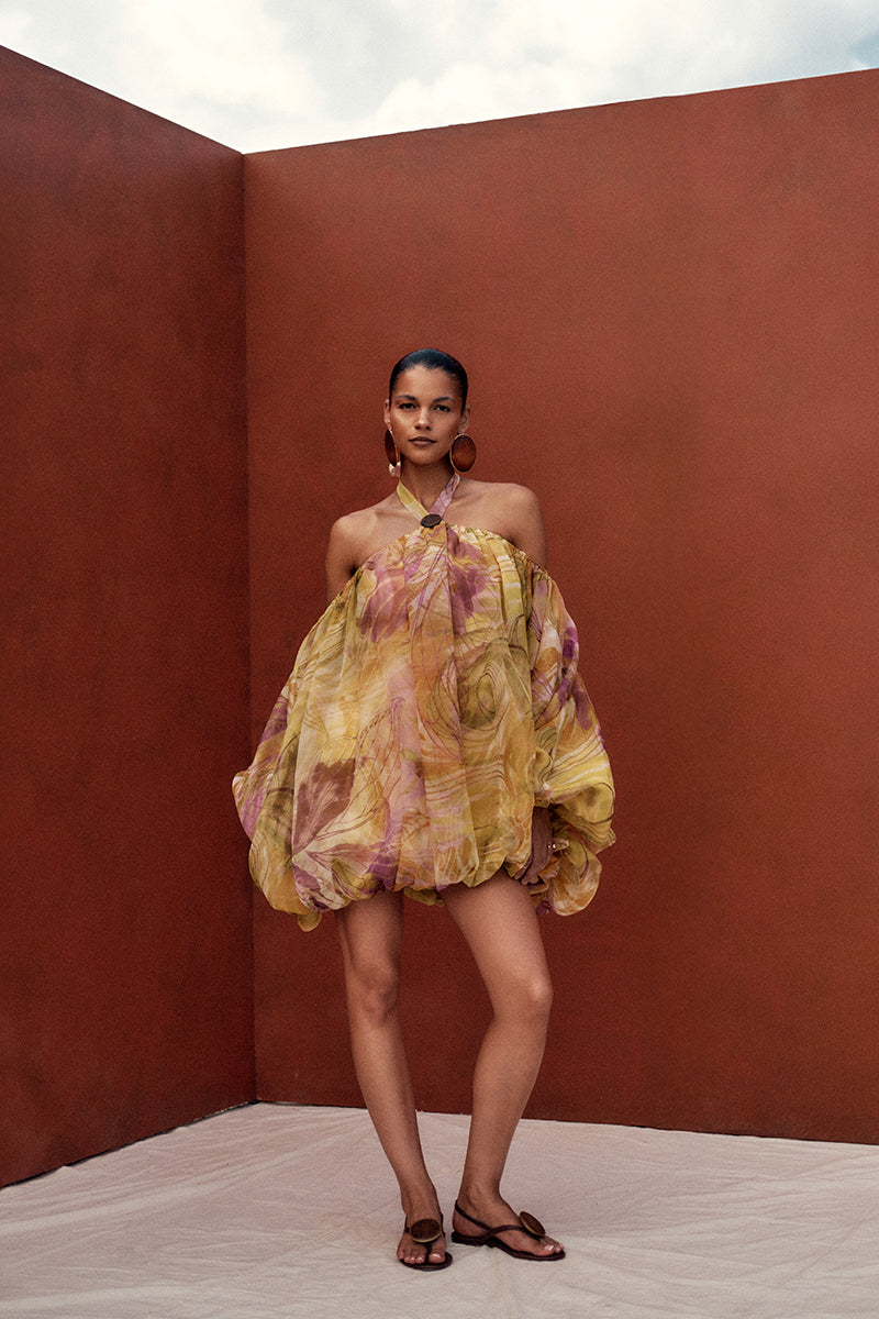 Andrea Iyamah Bayo Bubble Dress in Vibra Print, a stylish mini dress with vibrant patterns, perfect for summer or casual wear.