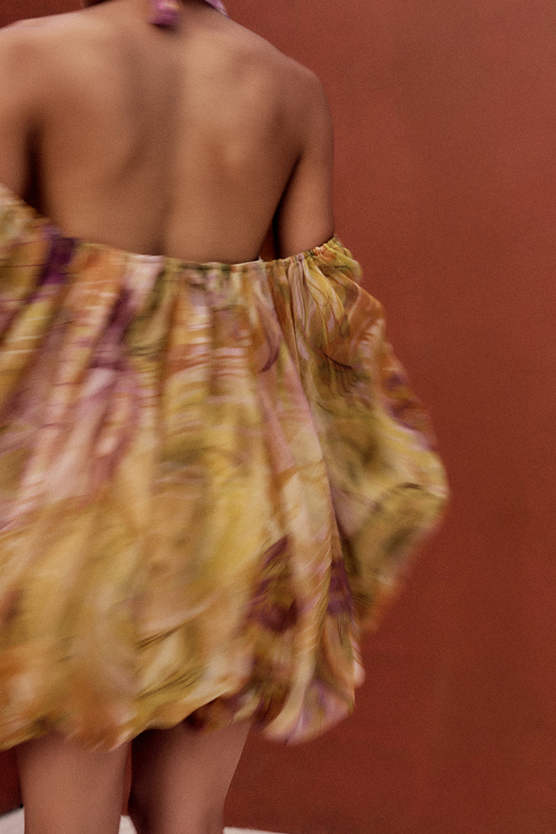 Andrea Iyamah Bayo Bubble Dress in Vibra print, mini dress with vibrant colorful pattern, sleeveless design, perfect for summer wear.