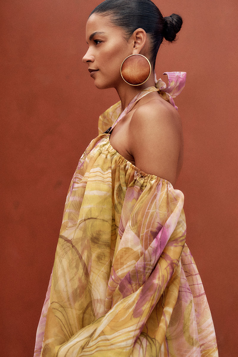 Andrea Iyamah Bayo Bubble Dress in Vibrant Vibrra Print, mini dress with bold colorful pattern and flowing silhouette.