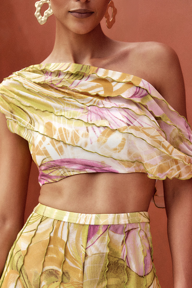 Andrea Iyamah FARA mesh crop top in Vibra print, featuring vibrant colors and a stylish crop top design.